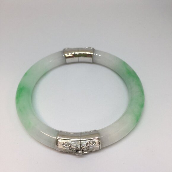 Authentic Jadeite Hinged Bangle Bracelet wtih 14K White Gold and Diamonds - Picture 2 of 8